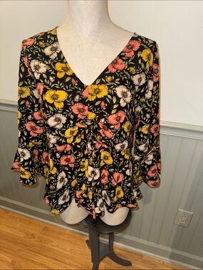 Floral V-Neck Ruffle Peplum Top - Black with Yellow, Pink & Cream Flowers Large